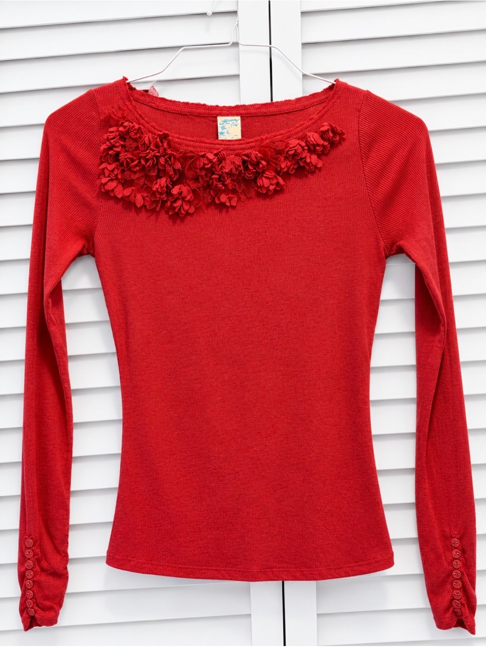 Anthropologie Muted Crimson Long Sleeve Ribbed Knit Top with 3D Floral Ruffle